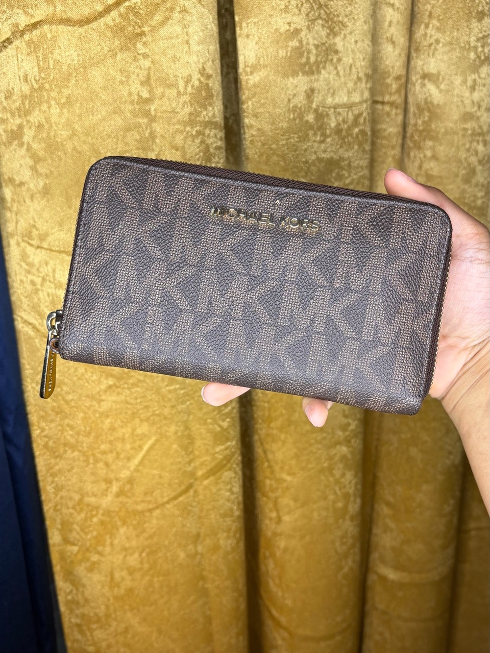 Michael Kors Brown MK Logo Zip Wallet with Gold Hardware
